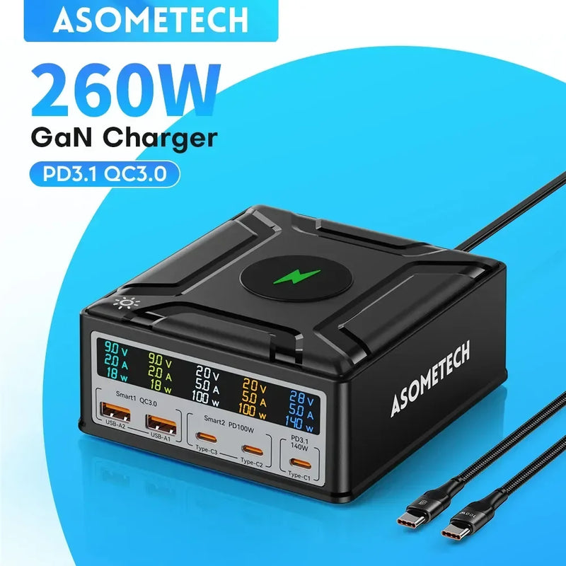 ឆ្នាំងសាក GaN 260W ប្រភេទ C PD3.1 ឆ្នាំងសាកលឿនសម្រាប់ Macbook ថេប្លេត PPS Quick Charge 3.0 សម្រាប់ iPhone 14 13 ឆ្នាំងសាកទូរស័ព្ទ Xiaomi Samsung