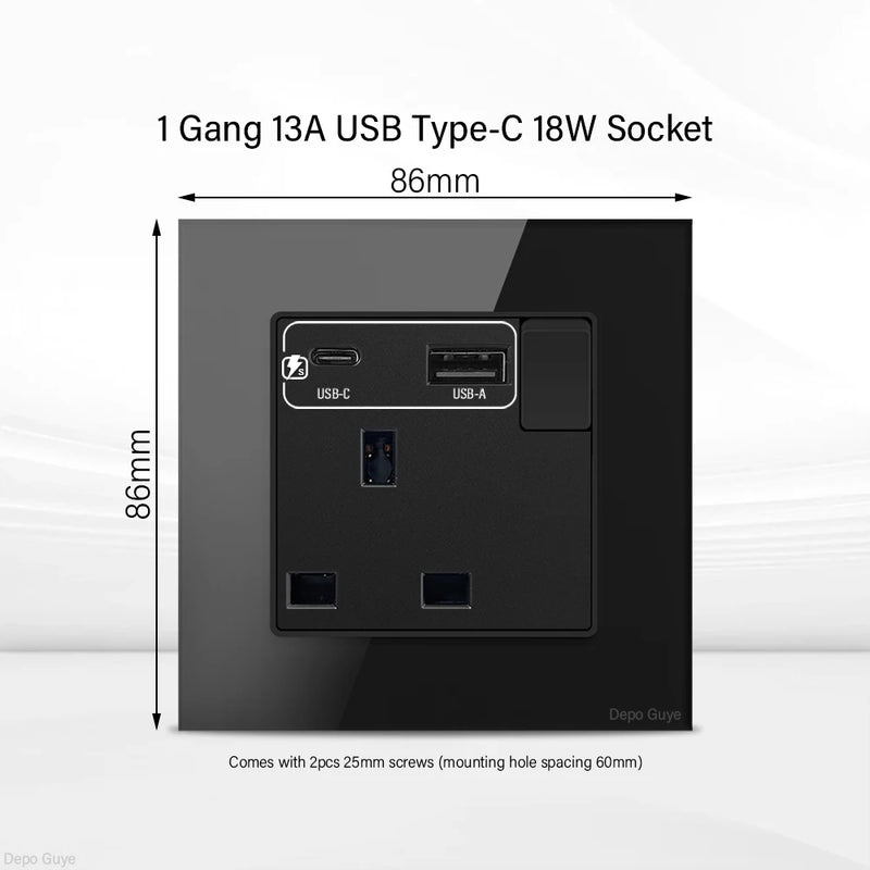 UK Black USB Type-C 18W Fast Charging Socket Universal Tempered Glass  Double 5-pin Power Plug,Home Electrical Wall Light Switch