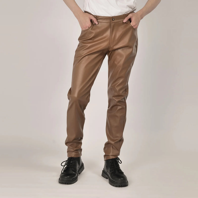 New Fall Collection: Men's Purple PU Pants—Fitted Faux Leather Motorcycle Trousers Available in Black,Blue,Green,Red,Gray,Khaki.