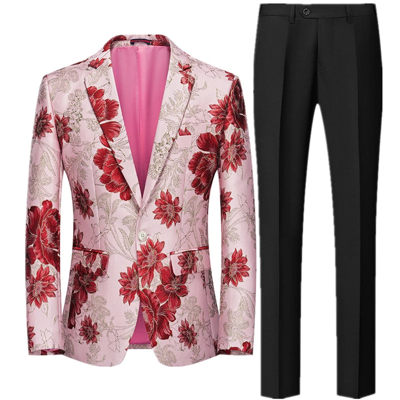 2026 Men's Two-Piece Set, Wedding Party Jacket and Trousers in Black with Red Flowers Jacquard Fabric Slim Fit Men Coat & Pants.