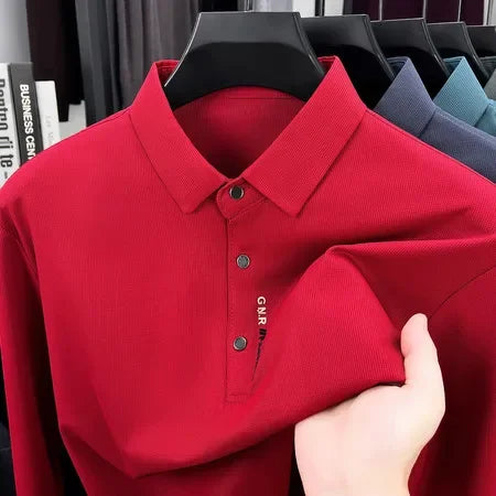 Spring Autumn Mens Lapel Polo Tops High Elastic Wrinkle Resistant Material Simple Chest Letter Print Slim Fit Menswear