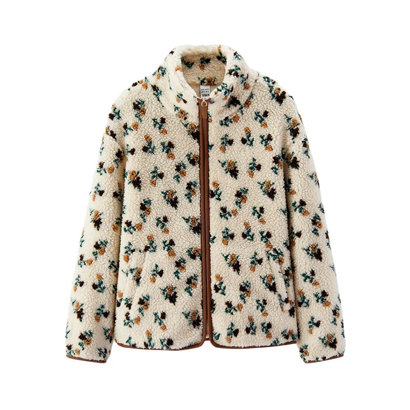 Semir Jacket Women Winter Faux Lamb Wool Fleece Stand Collar Loose Patterned 2025 New Fashion Retro Jacket Women'S Wear
