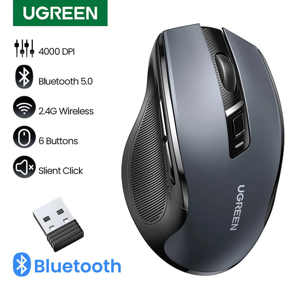 កណ្ដុរឥតខ្សែ UGREEN Bluetooth 5.0 Mouse Ergonomic 4000DPI កណ្ដុរប៊ូតុងបិទសំឡេង 6 សម្រាប់ MacBook Tablet Laptop Computer PC 2.4G Mice