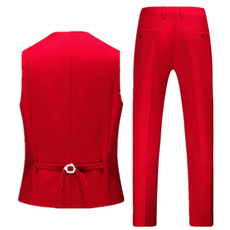 2026 Men's Bright Red V-Neck Sleeveless Vest with Pants, Green Gray Black White Purple Waistcoat and Trousers Asian Size Sets