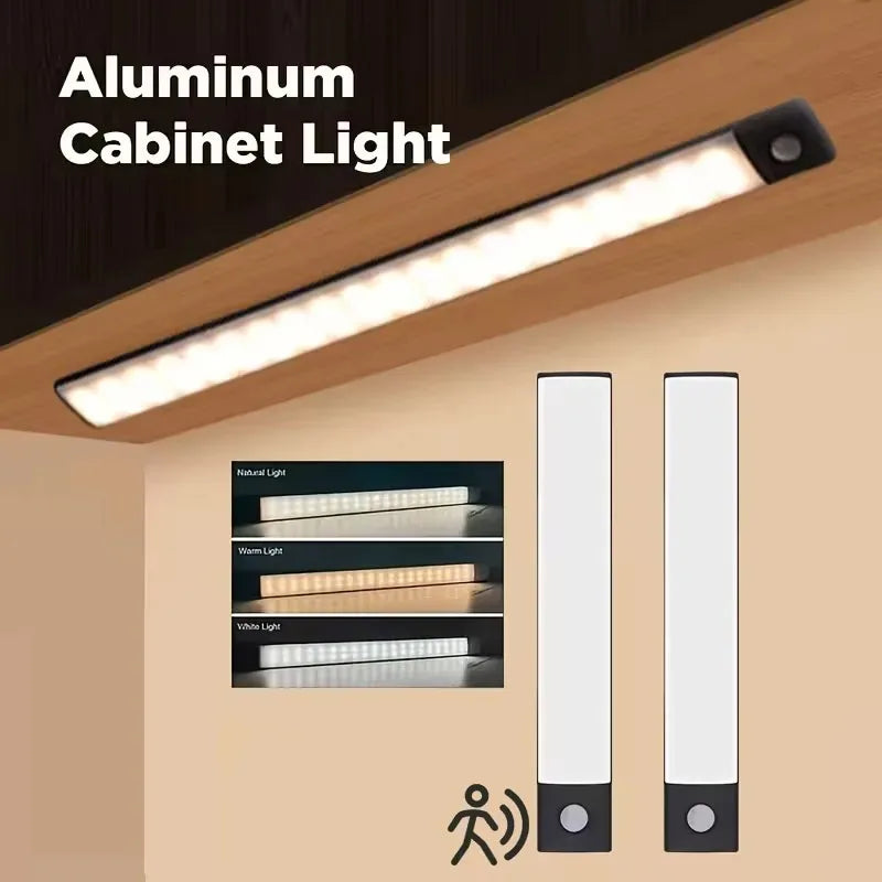 ភ្លើងក្រោមទូ LED ឧបករណ៍ចាប់សញ្ញាចលនា ភ្លើងពេលយប់ ចង្កៀងស្តើងអាចសាកបាន អាចបន្ថយពន្លឺបាន ចង្កៀងទូផ្ទះបាយ បន្ទប់គេង ភ្លើងបំភ្លឺទូខោអាវ