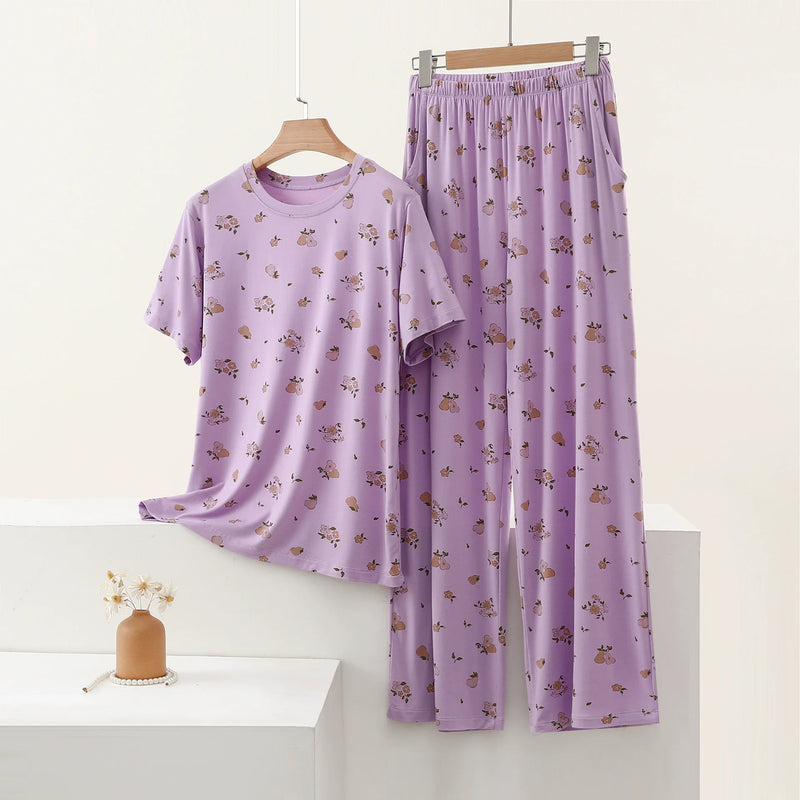 Floral Pajamas Woman Summer Thin Two-piece Ladies Set Modal Loose Home Suit Short Sleeve Nightwear for Woman Sleepwear Pijama
