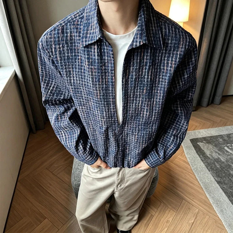 Male Grid Check Textured Long Sleeve Shirt Lapel Collar Relaxed Cut Lightweight Material Casual Outer Top