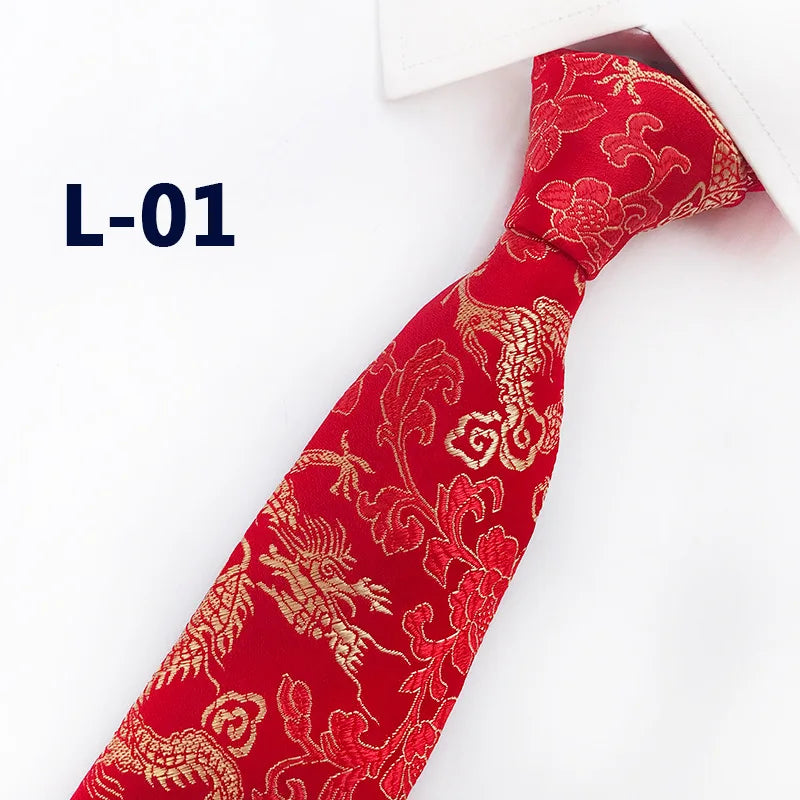 Men's Red Tie with A Chinese-style Design, Featuring A Jacquard Pattern of A Chinese Dragon; Available in Multiple Colors.