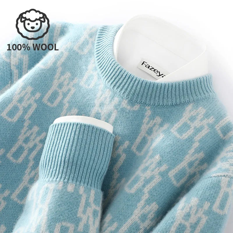 Unisex 100% Wool Sweater, Color Block Jacquard Round Neck, Loose Fit Winter New, High-end Fashionable Warm