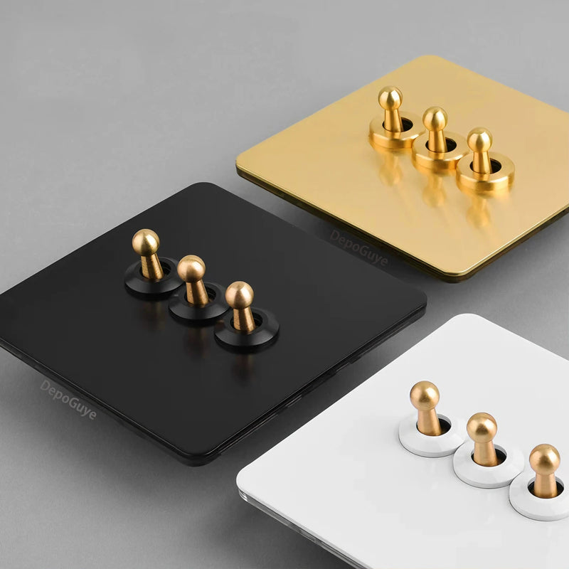 Stainless Steel Panel Retro Toggle Light Switch Gold/Black/White Wall Lamp Brass Lever EU UK Standard 1-4Gang Home Decoration
