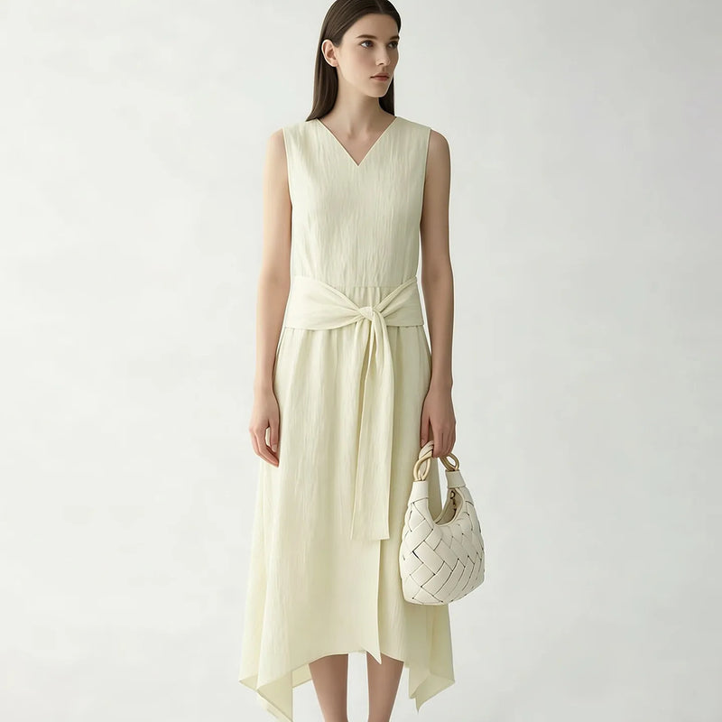 Amii 2026 Summer New Women Sleeveless Dress A-Line V-Neck Tie Waist Crinkled Texture Asymmetrical Hem Casual Midi Dress 12652074