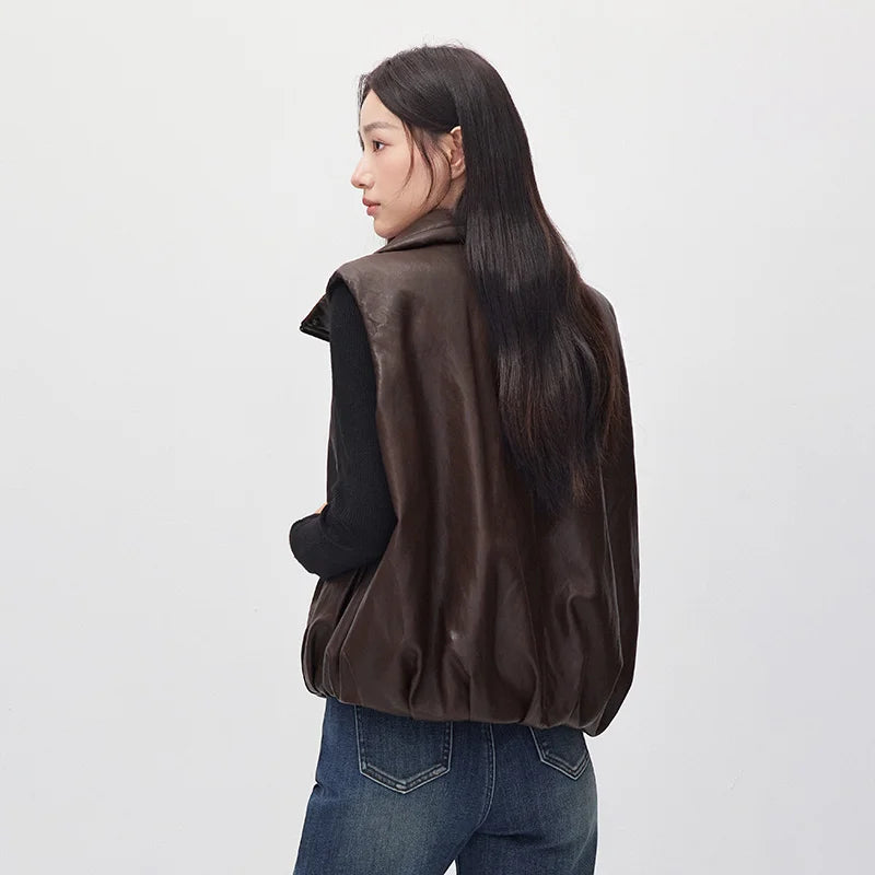 Semir Women Padded Vest Faux Leather Stand Collar Loose Fit Balloon Shape Street Style 2026 New Winter Daily Wear
