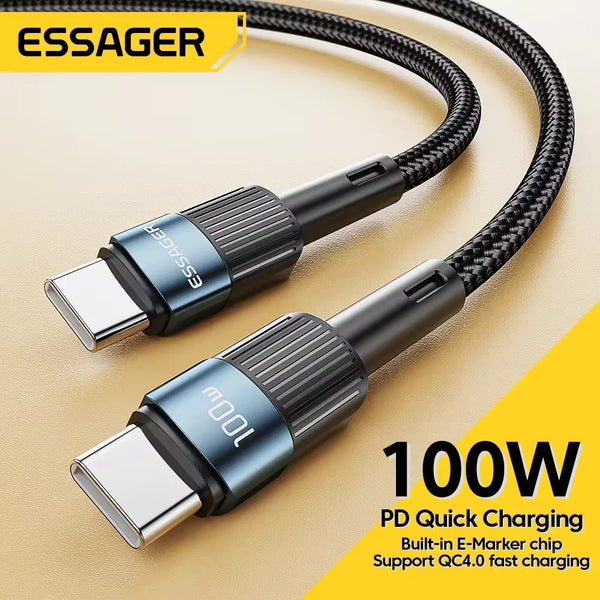 ខ្សែសាក Essager 100W USB Type C ទៅ USB C ខ្សែសាក USB-C PD សាកលឿនសម្រាប់ Macbook Samsung Xiaomi ខ្សែ USBC ទំហំ 3M