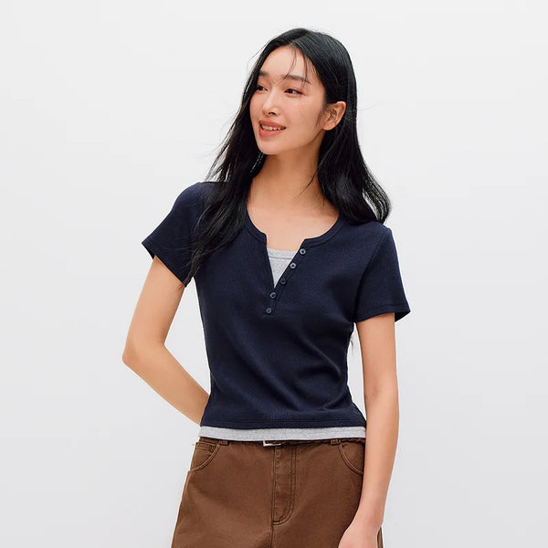អាវយឺត Semir សម្រាប់នារី រាងខ្លី បែបស្រទន់ មើលទៅមានស្រទាប់ៗ ស្មាត្រង់ រដូវក្តៅ ឆ្នាំ២០២៦ ម៉ូដសាមញ្ញប្រចាំថ្ងៃ
