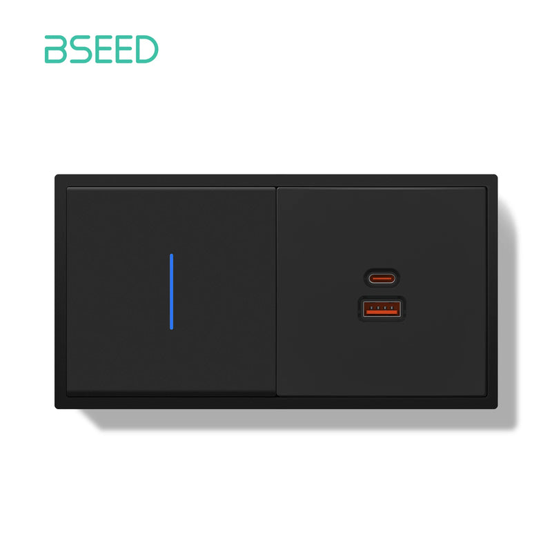 BSEED 1/2Gang 1Way Button Light Switch With 65W USB Type-C Fast Charge Socket Plastic Frame With LED Indicator Dimmer Switch