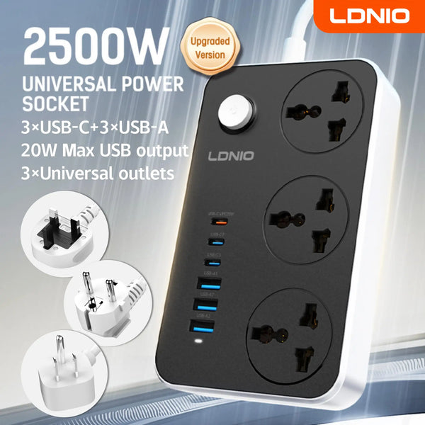 បន្ទះ ភ្លើង សកល LDNIO ប្រភេទ C 6 រន្ធ USB 3 ផ្លូវ រន្ធ ដោត AC រន្ធ ដោត ភ្លើង បន្ថែម 2 ម៉ែត្រ រន្ធ ដោត សាក ភ្លើង EU US UK