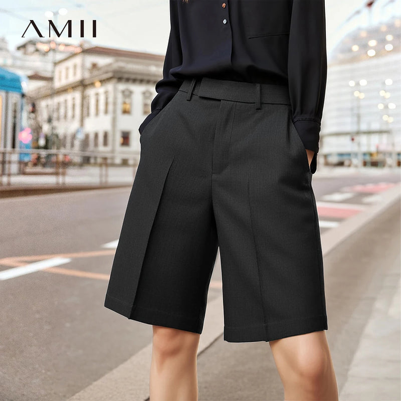 ខោខ្លី Amii សម្រាប់នារី រដូវក្តៅ ឆ្នាំ២០២៦ ខោការិយាល័យថ្មី ខោជើងត្រង់ ខោធម្មតា ពណ៌រឹង ខោប្រវែងមធ្យម សម្រាប់នារី 12622104
