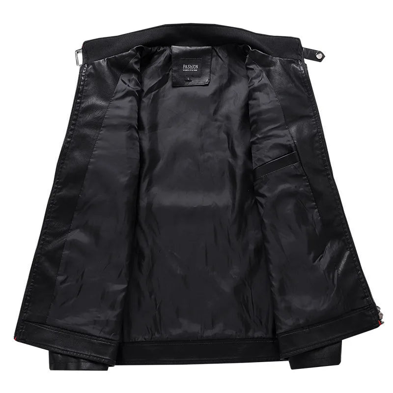 Autumn Men's Stand Collar Color-Block PU Jacket, Black Faux Leather Jackets, Spring Casual Coat. Asian Size Loose Fit Top.