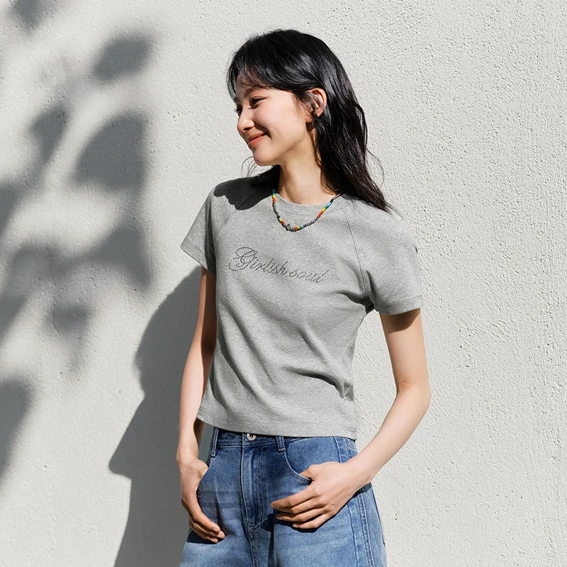 Semir Letter Print Short Sleeve T-Shirt Women Raglan Sleeve Rhinestone Design 2025 Summer Fashion Elegant Top for Party Wear