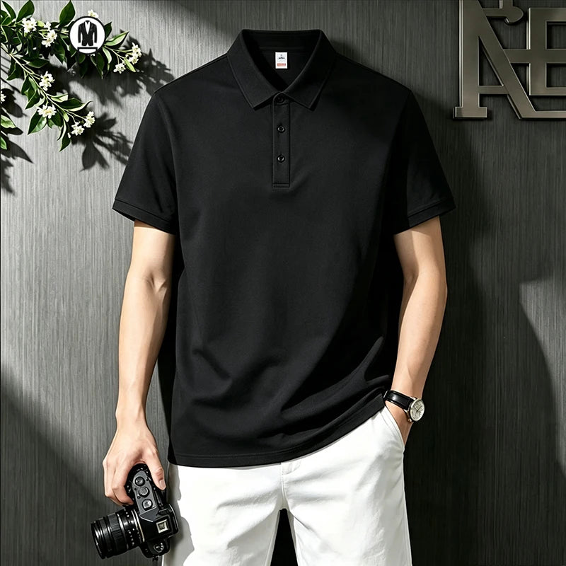 Loose Fit Short Sleeve Solid Polo For Males Turn Down Collar Button Placket Streetwear Simple Casual Wear Top