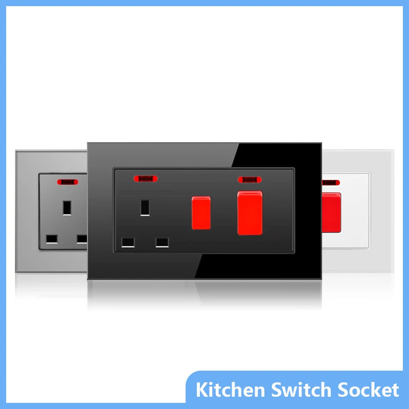 146 UK Standard 45A High Power Kitchen Electric Switch Socket 13A Wall Power Supply Cooker Glass Plastic Aluminum outlet Black