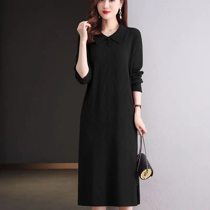 Elegant Knitwear Woolen Dress Lapel Long Sleeve Sweater Jersey Spring Autumn Pullover Jumper Female Clothing Women's Pulls Tops