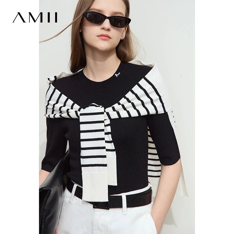 អាវយឺតប៉ាក់ Amii Minimalism សម្រាប់ស្ត្រី 2026 រដូវស្លឹកឈើជ្រុះ ដៃមធ្យម ក រាងអក្សរ O អាវផាយដែលអាចបត់បែនបាន អាវប៉ាក់ស្លីម 12541082