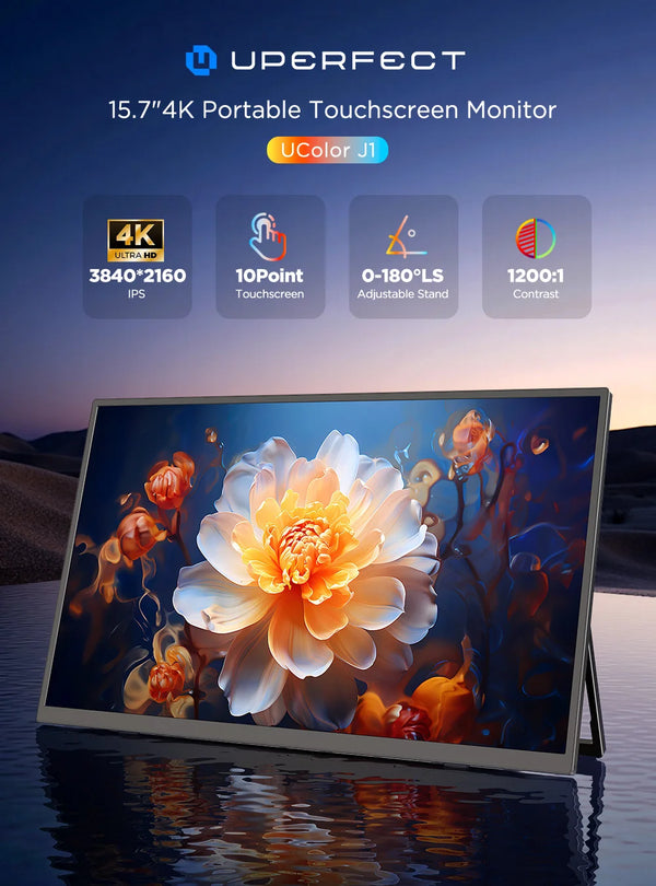 ម៉ូនីទ័រប៉ះចល័ត UPERFECT 4K ទំហំ 15.7 អ៊ីញ 3840 * 2160 UHD ជាមួយ USB-C HDMI អេក្រង់កុំព្យូទ័រយួរដៃ 1200:1 100% RGB IPS អេក្រង់ប៉ះ 10 ចំណុច