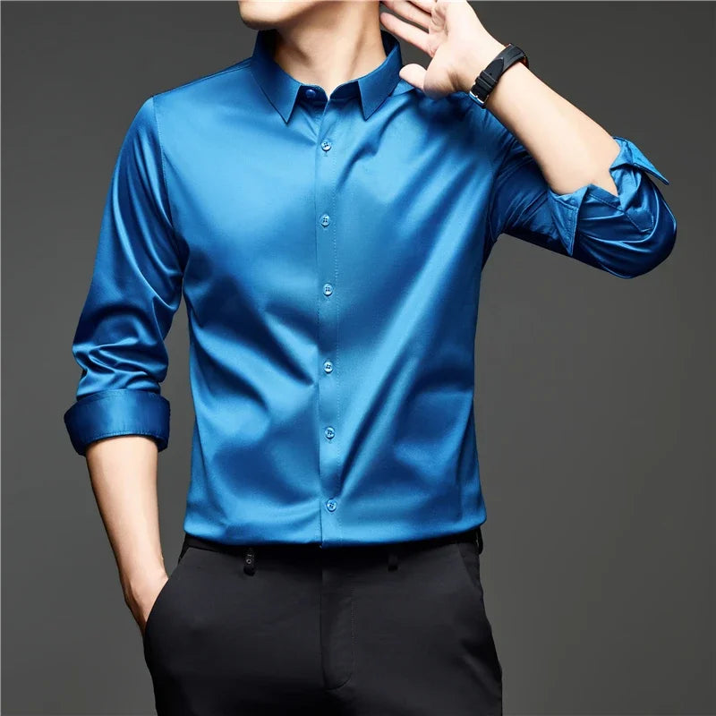 Mens Lightweight Button Up Dress Shirt Lapel Collar Long Sleeve Glossy Texture Top For Daily Business Occasions