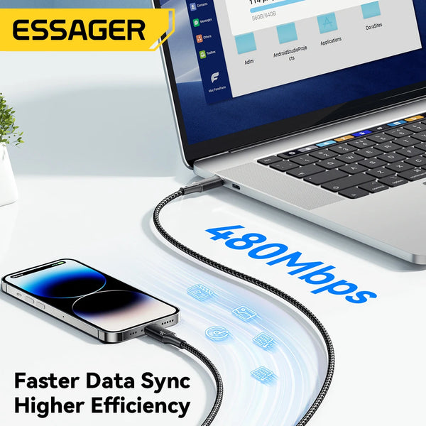 ខ្សែសាក USB Essager ប្រភេទ C សម្រាប់ iPhone 14 13 12 11 Pro Max Xs 8 Plus iPad Macbook Wire 29W PD Fast Charging Type C To Lighting Data Cord