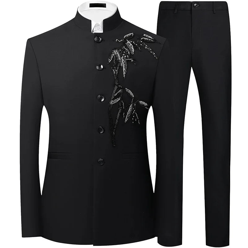 2027 New Men's Black Two-Piece Suit Set: A Chinese-style Stand-up Collar Jacket Paired with Slacks.
