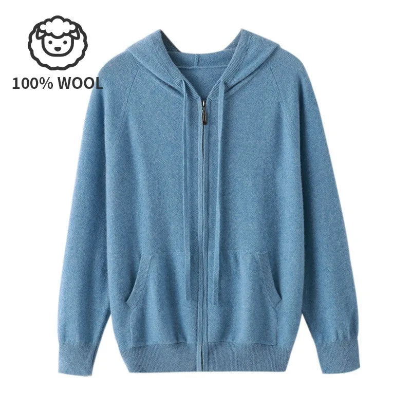 100% Wool  Men's Zip-Up Hooded Sweater, Soft Knit with Pockets, Ideal for Fall and Winter Daily Commute