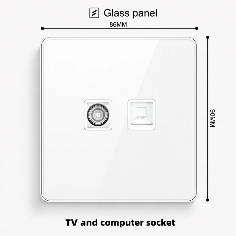 White Tempered Glass 2Way Wall Light Switch, UK Wall 18W Type-C Fast Charging USB Socket, Universal Electrical Outlet Plug 220V