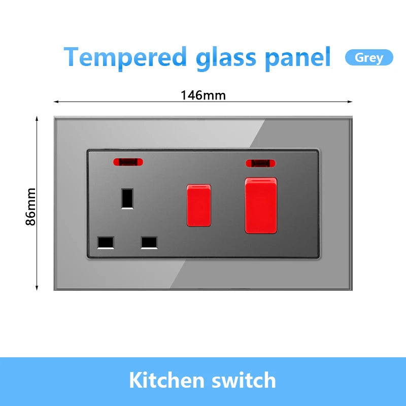 146 UK Standard 45A High Power Kitchen Electric Switch Socket 13A Wall Power Supply Cooker Glass Plastic Aluminum outlet Black