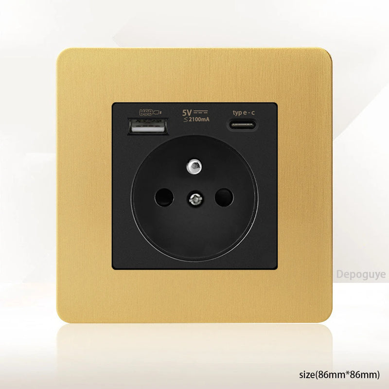 Gold Wall Light Toggle Switch Vintage Brass Lever Stainless Steel Panel,EU FR Universal USB C Socket 1-4 Gang 2Way Switch TV