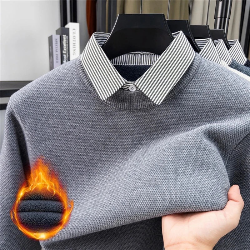 Men's Faux Two-Layer Sweater, Plaid Collar Thickened Warm, Gold Medal Quality, Thickened Collar Pullover Shirt
