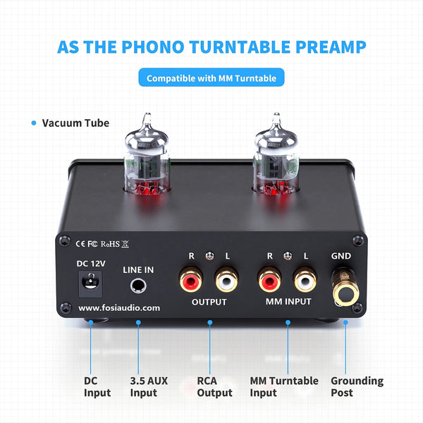 ឧបករណ៍បំពងសំឡេង Fosi Audio Phono សម្រាប់ឧបករណ៍បំពងសំឡេងប្រភេទ Turntable Phonograph Preamplifier ជាមួយ Vacuum Tube Amplifier HiFi BOX X4