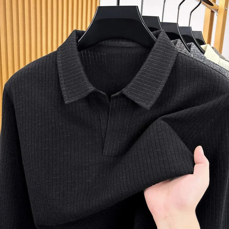 Premium Mens Knitted Polo Long Sleeve Tops Fine Rib Texture Stretch Fabric Turn Collar For Daily And Business Occasions