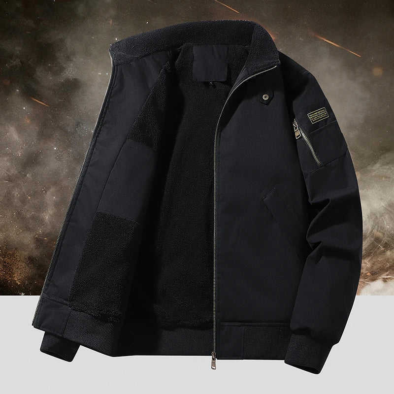 Men's Winter Fleece-Lined Bomber Jacket, Heavy Duty Cotton Military Style with Multiple Pockets, Ideal for Casual Daily Wear