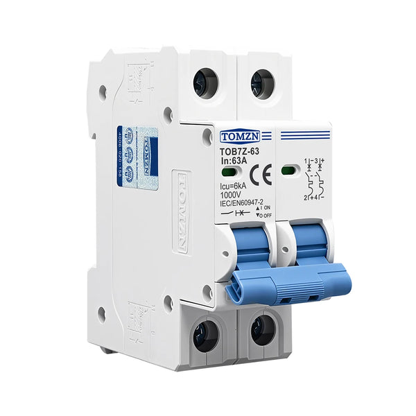 TOMZN 2P DC MCB 1000V Solar Mini Circuit Breaker 3A 6A 10A 16A 20A 25A 32A 40A 50A 63A DC MCB for PV System