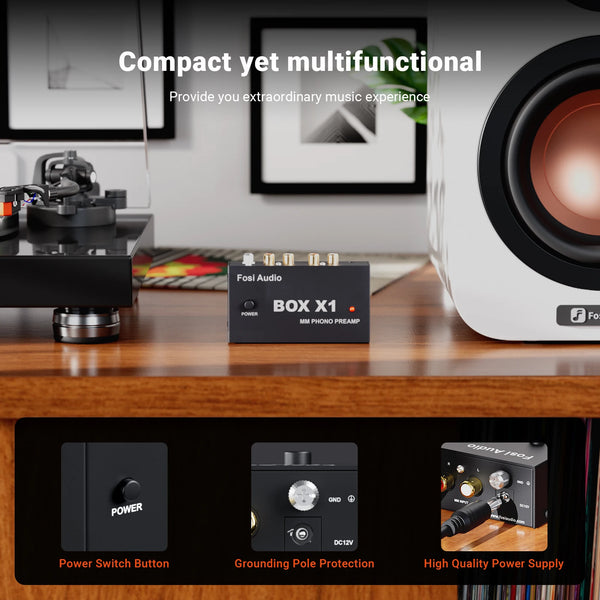 ឧបករណ៍បំពងសម្លេងហ្វូណូ Fosi Audio សម្រាប់ឧបករណ៍បំពងសម្លេងប្រភេទ Turntable Phono Preamplifier Mini Stereo Audio HiFi ជាមួយឧបករណ៍បំពងសម្លេងកាសស្តាប់ត្រចៀក