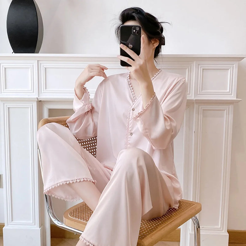 Night Wear Ladies Pajamas Nightwear for Woman Spring Autumn Long Sleeve Sleep Tops with Pants Sleepwear Women's 2-piece Sets