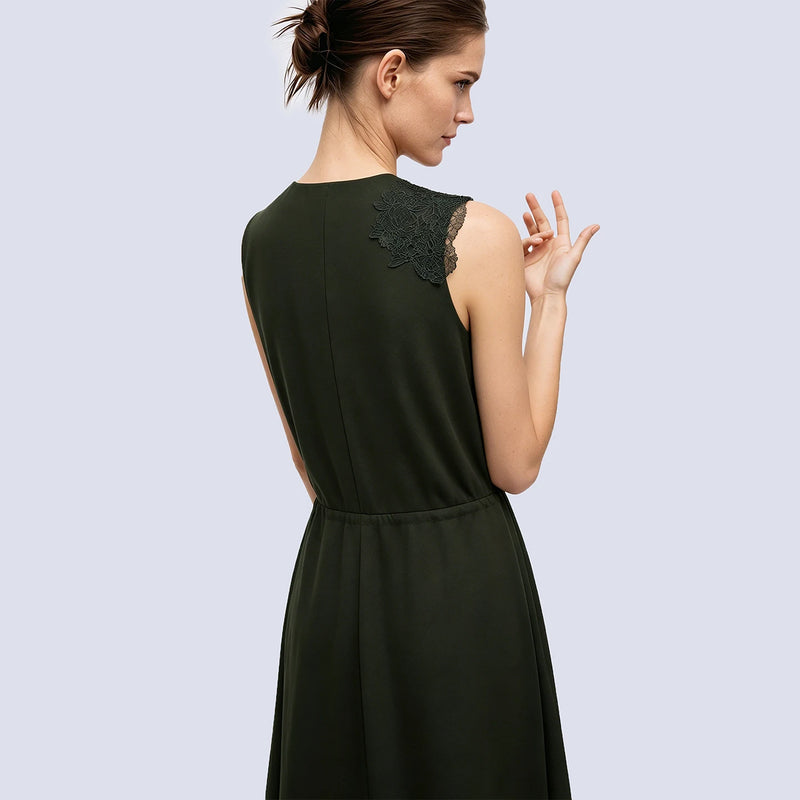 Amii Dress Woman 2026 Summer New V-Neck Drawstring Waist Sleeveless Lace Trim Elegant Office Casual Midi Women's Dress 12642209