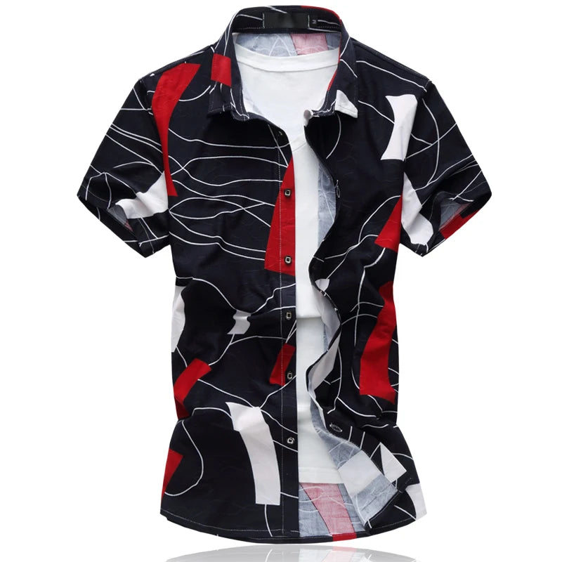 2026 Summer White Men's Stretch Short-sleeved Shirt, Navy Blue Single-breasted Collar Shirts, Beach Vacation Top, Asian Size