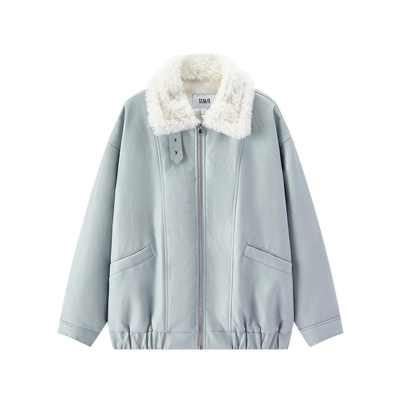 Semir Women Jacket PU Faux Leather Faux Shearling Panelled Design Turn Down Collar Oversized Fit Urban Casual Style 2026 Winter