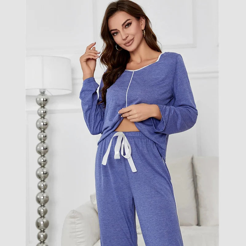Cotton Pajamas Women's Spring Autumn Sleepwear Suit Solid Color Long Sleeved Pants Home Set New Pijama Mujer Female Nightwear