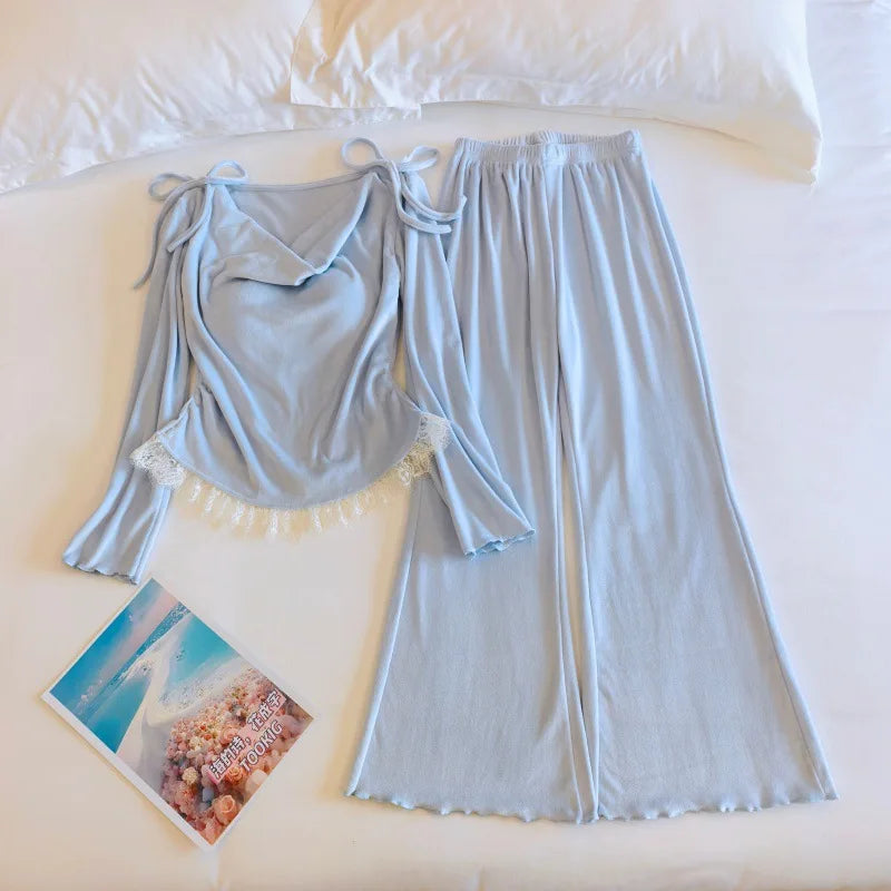 Korean Women Winter Sleepwear Set New Chest Pad Top Pant Suit Lounge Home Pajama Island Velvet Sleeping Clothes Pyjamas Femme