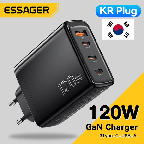 ឆ្នាំងសាក Essager 120W GaN ឆ្នាំងសាក 4 ក្នុង 1 USB C PD លឿនសម្រាប់ Macbook Laptop iPhone 17 16 15 14 Pro Max Samsung iPad ឆ្នាំងសាកលឿន