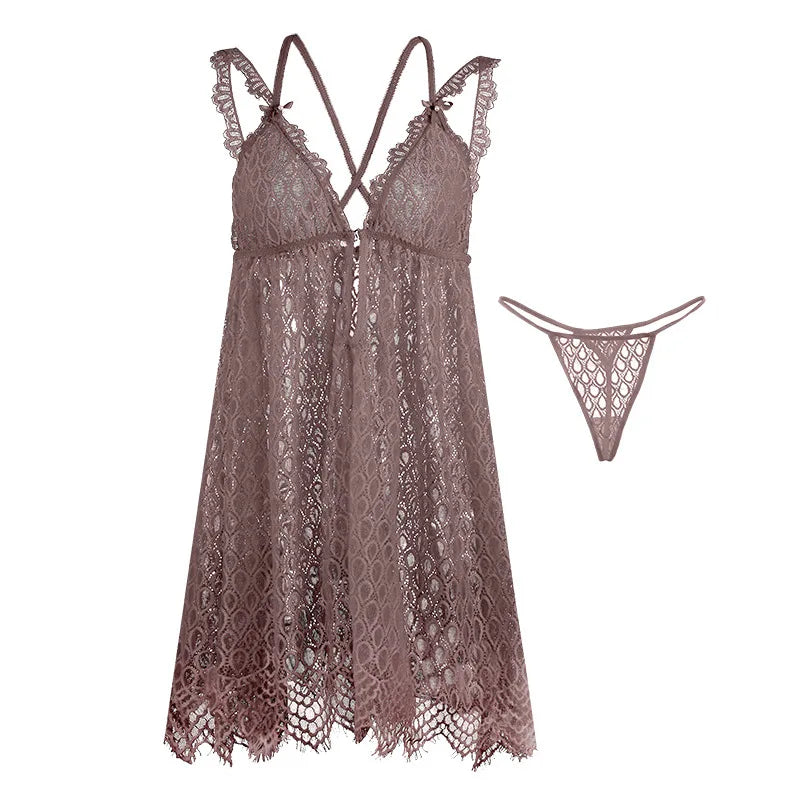 Casual New Large Size Lingerie For Women Sexy Sling Short Dress Thin Lace Summer Nightgowns For Female Night Wear Sleepshirt