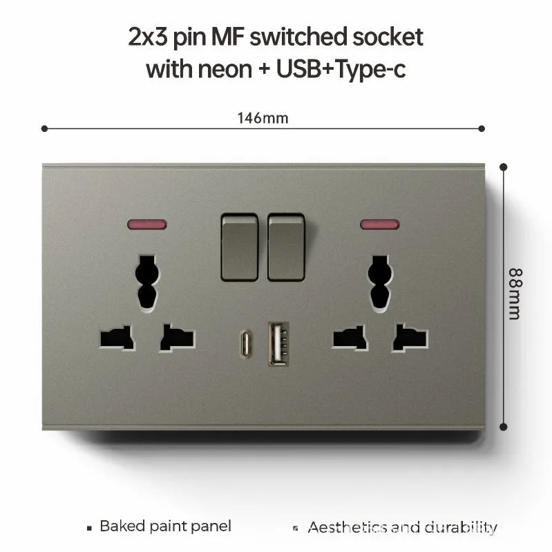 UK 13A with USB Type-c 18W Quick Charge Wall Power Socket Plug,Universal Wall light Switch Panel Dual USB Electrical Outlet